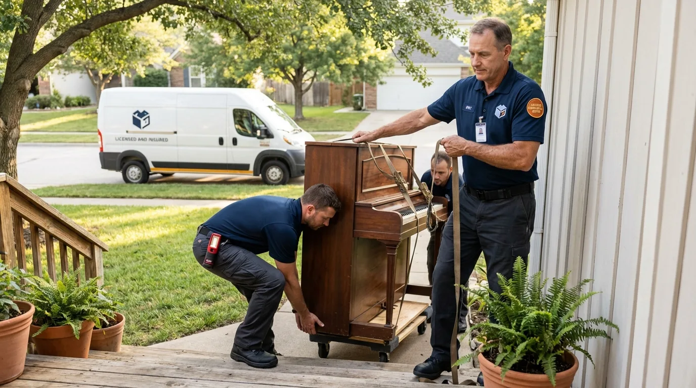 Licensed piano movers securing grand piano in Skowhegan, ME