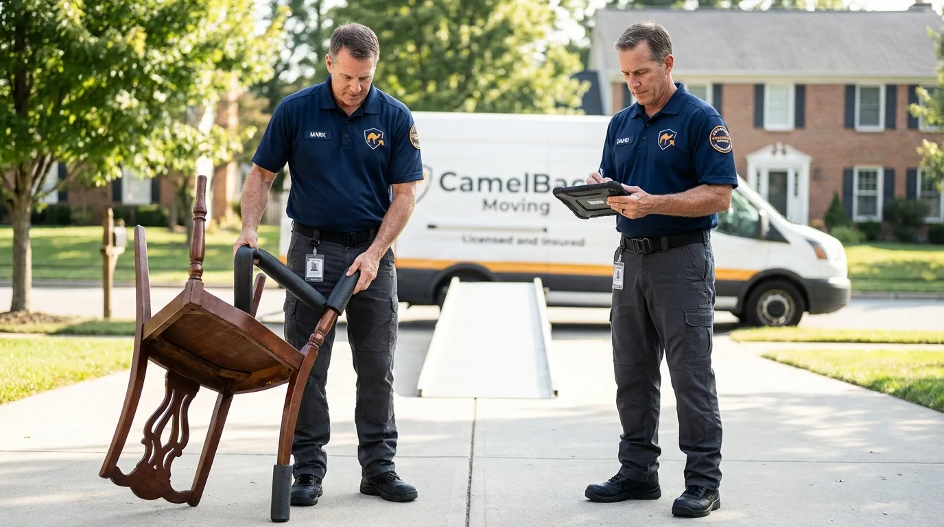 Movers inspecting furniture for damage prevention before loading in Skowhegan, ME