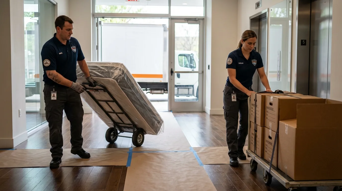 Professional apartment movers loading elevator in Skowhegan, ME