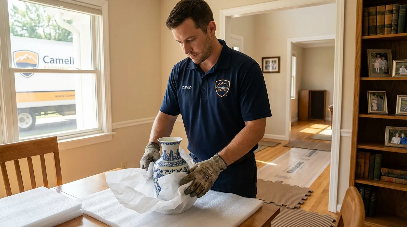 Professional crew carefully wrapping antique vase for senior downsizing move in Skowhegan, ME