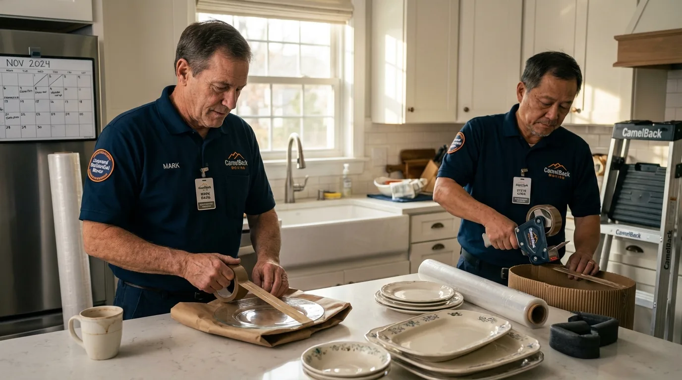 Professional crew packing kitchen dishware in Skowhegan, ME